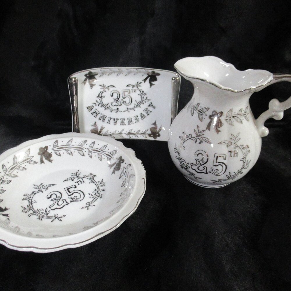 Vintage Lefton China 25th Anniversary Tray, Bowl and Pitcher Set